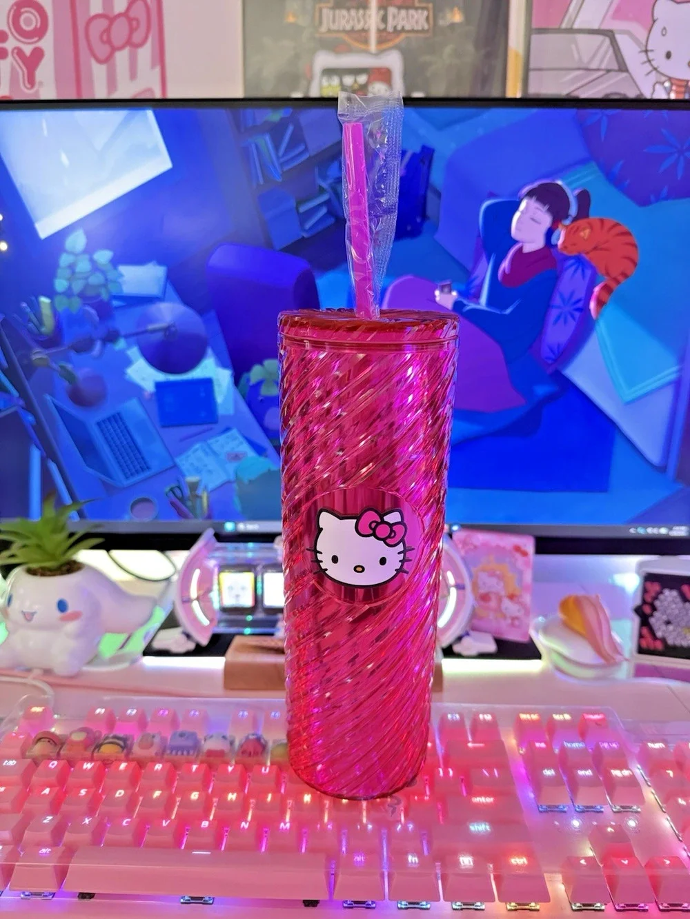 Hello Kitty Swirl Tumbler Lid Straw Shiny Metallic Spiral Plastic Pink Sanrio